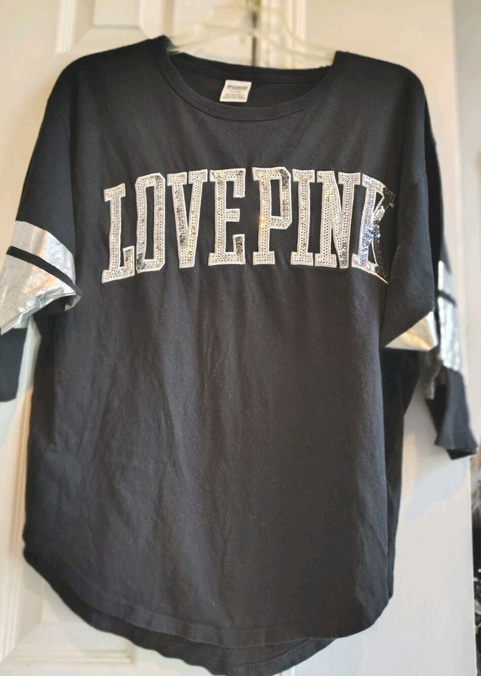 Victoria's Secret PINK Black Sequin Varsity Top 3/4 Sleeve Metallic Stripe Sze M